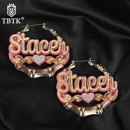 TBTK Hiphop Custom Bamboo Hoop Earrings Customize Name Acrylic Style Heart Earrings Trendy Accessories Jewelry For Gifts