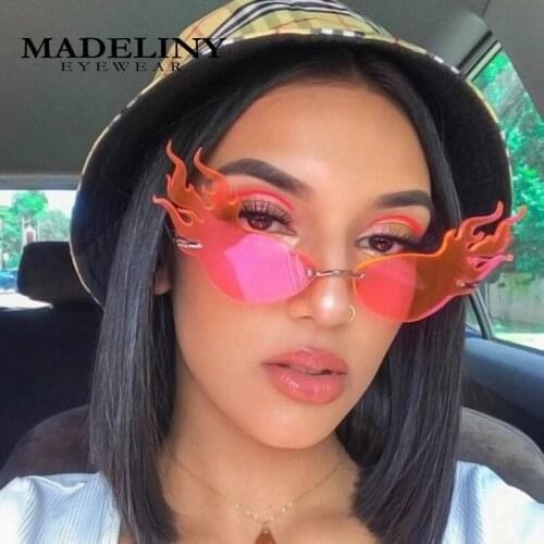 MADLEINY Fashion Fire Flame Sunglasses Women Rimless Wave Sun Glasses Metal Shades for Vintage Women Mirror Eyewear UV400 MA669