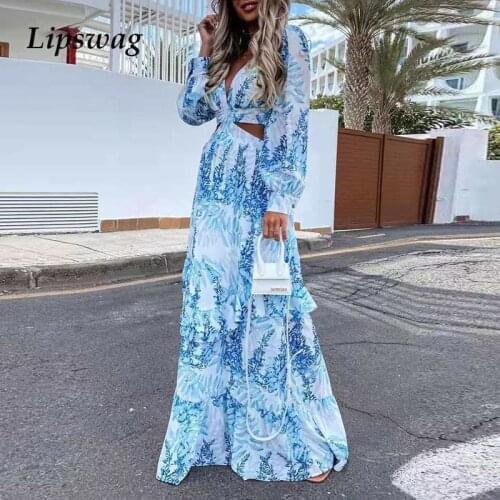 Elegant Ruffle Tie-dye Ruffle Party Dresses Women Summer Sexy Hollow Out V Neck Maxi Dress 2021 Fashion Loose Long Dress Vestido