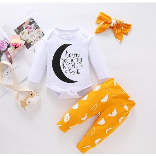 0M-24M Newborn Infant Baby Moon Letter Print Bodysuit Tops Print Pants Outfits +Headbands Romper Bodysuit Baby Girls Clothes Set
