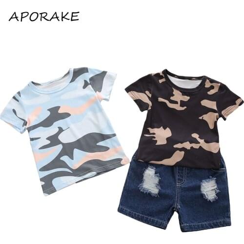 2021 0-6Y Casual Kids Baby Boy Clothing 2 Colors Camouflage Print Short Sleeve T-shirt+Holes Denim Shorts Summer 2pcs Outfits