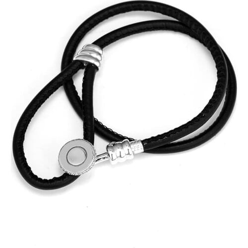 Black Double Leather Bracelets 100% 925 Sterling-Silver-Jewelry Free Shipping