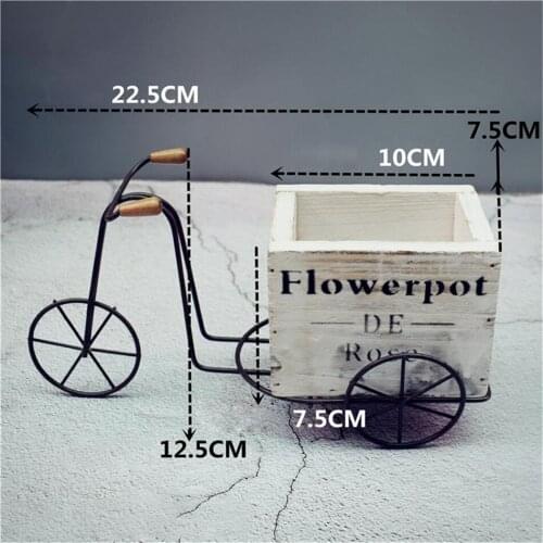 Wooden Tricycle Model Flower Pot Wrought Iron Bicycle Flower Stand Indoor Storage Rack Home Garden Desktop Decor Crafts