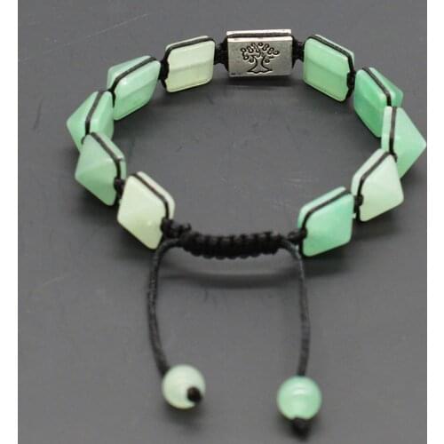 Trendy-beads Silver Plated Tree of Life Connect Green Aventurine Square Pyramid Elastic Bracelet