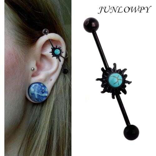 JUNLOWPY 2 Piece New surgical Stainless Steel 14G 38mm Round Sun Industrial Barbell piercing Cartilage ear piercing