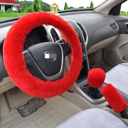 3Pcs Soft Plush Spring Steering Wheel Cover Kit With Stop Lever+Hand Brake Wool Cover Winter Warm Auto Car Interior Accessory