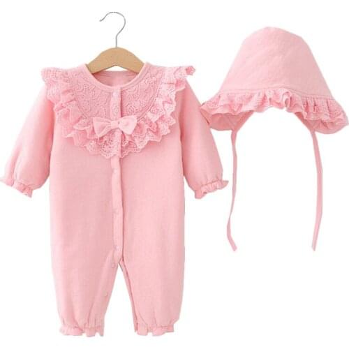Newborn Baby Girl Cotton Clothes Sets Lace Decor Pink Princess Jumpsuit+Cap 2pcs Clothing Set Girls Produtos Do Bebes Infantis