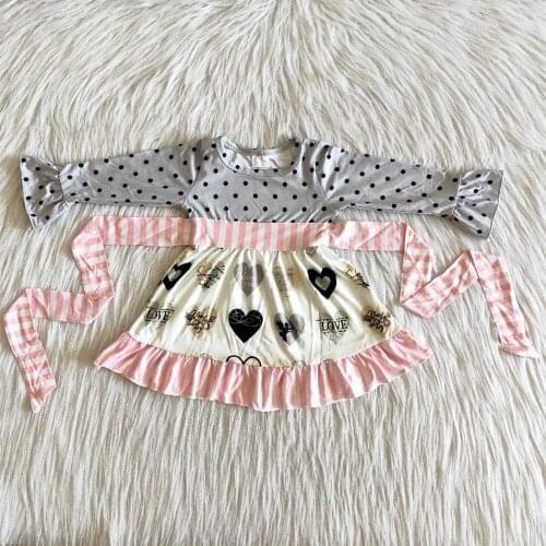 Fashion heart cute long sleeve dress for baby girls autumn dotted strap dresses kids boutique childrens frocks