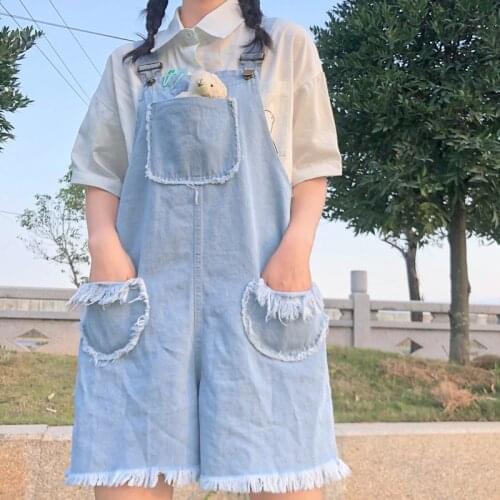 Japanese Preppy Style Blue Denim Suspenders Dress Soft Girl Kawaii Cute Wide Leg Overalls 2021 New Summer Tassel Lolita Dresses