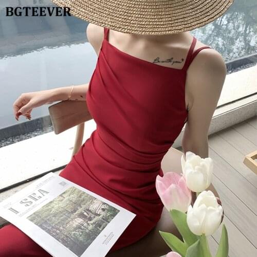 BGTEEVER Fashion Chic Spaghetti Strap Women Dress Elegant Sleeveless Bodycon Split Female Solid Long Dress 2021 Summer