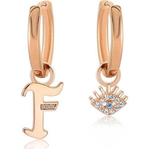 Valori Jewels Letter And Evil Eye, Zirconia White Gemstone, Rose Gold Plated, Sterling Silver Small Plain Hoop Charm Earring