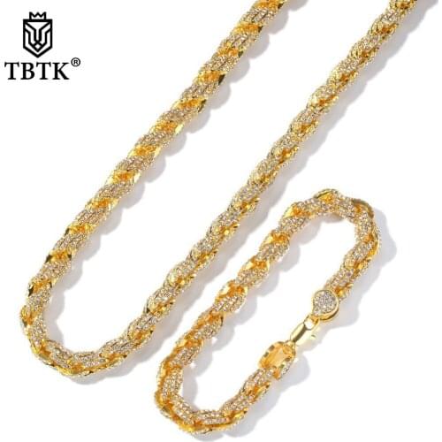 TBTK Sale Zinc Alloy 9mm Rope Chain Necklaces & Bracelets Iced Out Jewelry Sets Unisex Punk 7/8/9inch Rose Gold NE+BR Trendy