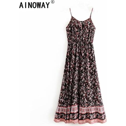 Vintage chic Women black floral print Strapless Bohemian maxi dress Ladies rayon cotton boho happie Dresses Vestidos