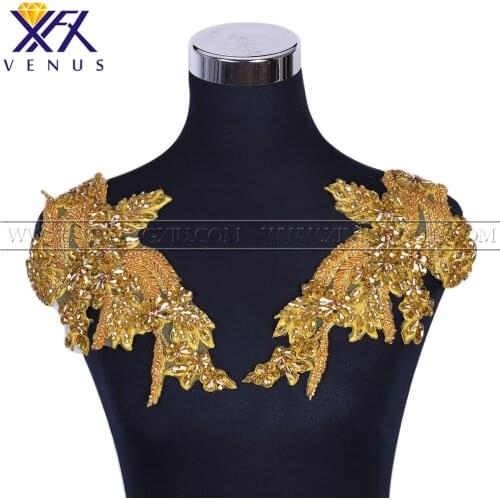 XFX VENUS 5 Pairs Handsewn on bodice Gold rhinestone appliqued with glass beads patches wedding dress accessories for DIY