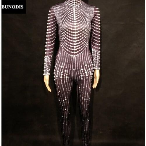 ZD158 Women White Pearl Black Jumpsuit Full Of Sparkling Crystals Nightclub Birthday Party Clothing Celebrate Singer Stage Wear