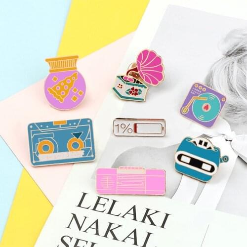 Retro Radio Tape Brooches for Women Music CD 1% Power Battery Ball Enamel Lapel Pins Metal Badges Bag Denim Button Pins Jewelry