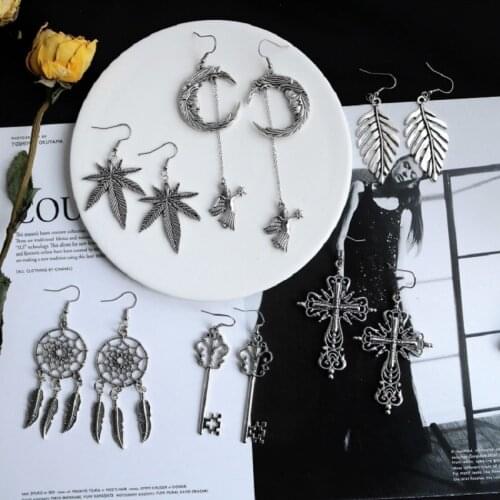 Bohemian Metal Style Punk Retro Earrings for Women Silver color Love Leaves Cross Moon Drop Earrings Lady Charm Jewelry