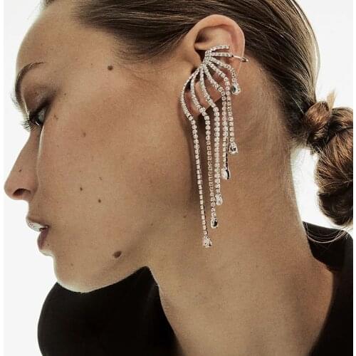 Wholesale ZA New Rhinestone Long Drop Earrings Fine Jewelry For Women Asymmetrical Accessories Crystals Chain Tassels Pendientes