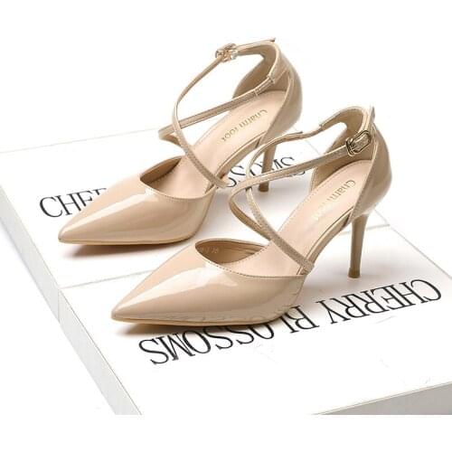 2020 Women Pumps Fashion Simple High-heeled Shoes Shallow Pointed Hollow Buckle Strap Single Shoe
