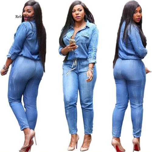 Women Denim Jumpsuit Streetwear Overalls Long Sleeve Button Up Turn-Down Collar Pockets Casual Rompers Womens Jumpsuit New