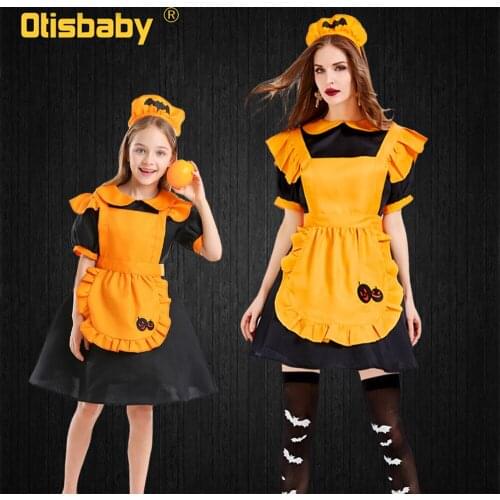 2021 Halloween Carnival Maid Costume Orange Pumpkin Girls Women Witch Dress Up Japanese Lolita Dress Mather and Daughter Clothes