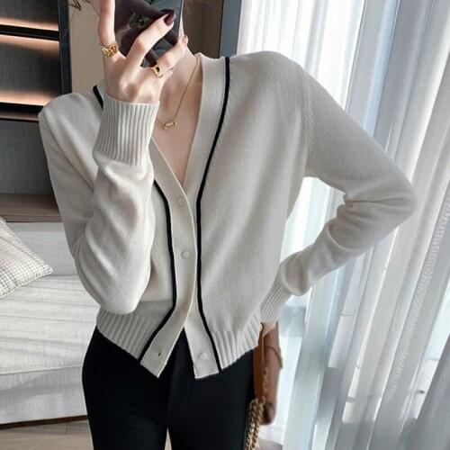 2021 Fall Sweaters For Women Black Elegant Single Breasted Knitted Cardigans Stripe Patchwork Thin V-neck Knitwear W075
