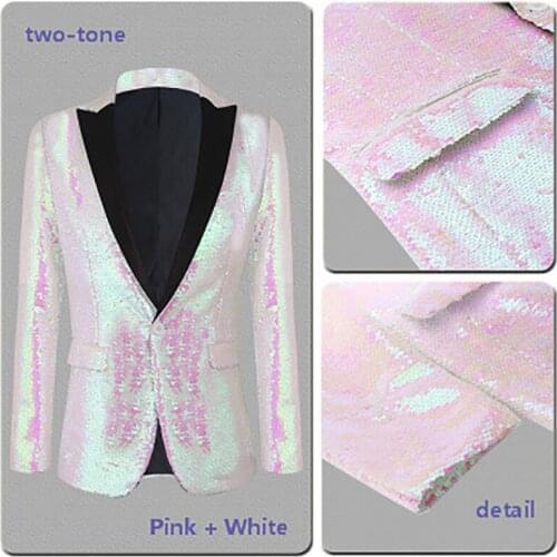 White Pink Two-Tone Sequin Men Blazers Slim Fit Stage Dress Costumes Singer Drummer Host Groom Jacket Party Prom Nicht Club