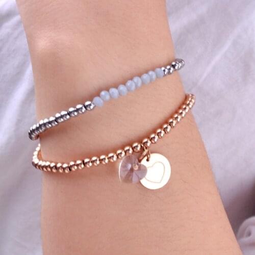 Top Quality Rose Gold/Sliver Plated Stainless steel and resin beads Bracelets & Bangles Jewelry Heart Crystal Bracelets