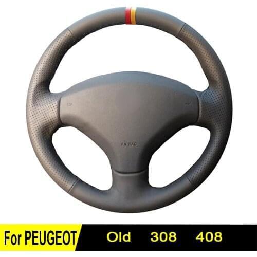 Car Steering Wheel Cover For Peugeot 308 Old Peugeot 408 DIY Genuine Leather Hand-Stitched Non-slip Black Four Seasons