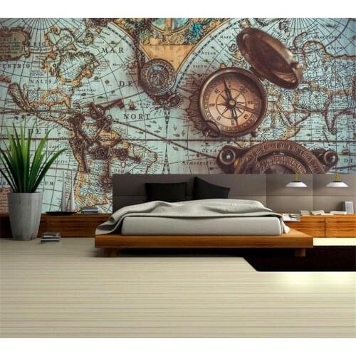 Beibehang Custom wallpaper photo fashion retro world map pocket watch home background wall decoration painting papel de parede