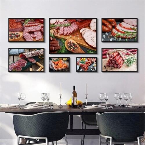 Sausage Salmon Delicious Food Canvas Art Dining Room Picture Wall Art Decor Steak BBQ Restaurant Canvas Painting Posters Prints