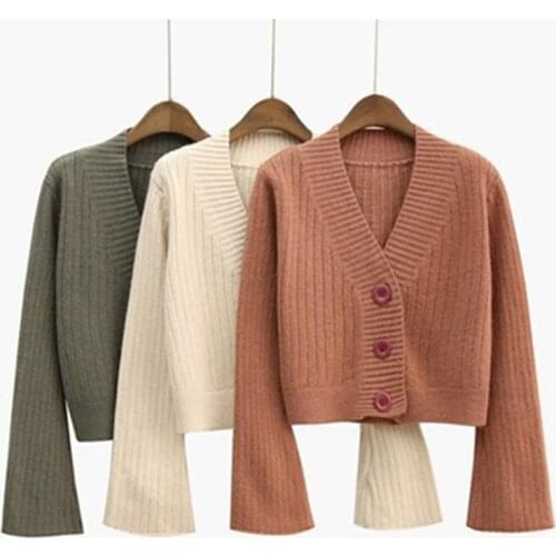 Long Flare Sleeve Short Knitted Cotton Cardigan Sweater Women 2020 Autumn Ribbed Sweaters Tops Black White Soft Outerwear Female