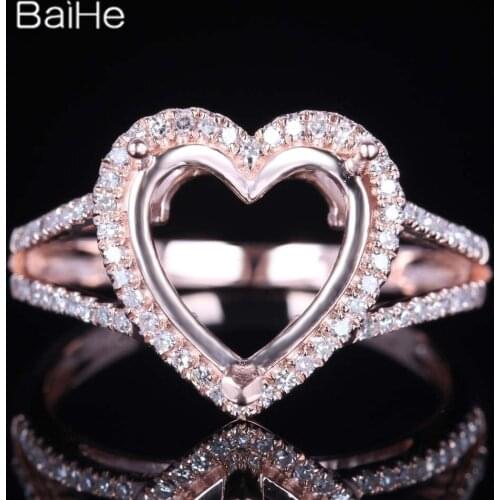 BAIHE Solid 14K Rose Gold Certified Heart Wedding Women Cute/Romantic Fine Jewelry Elegant unique Semi Mount Heart Ring