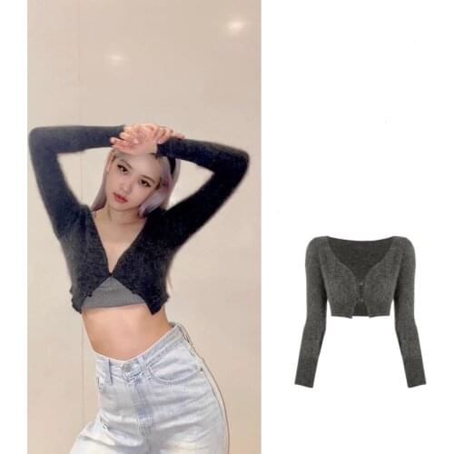 Kpop Korean Celebrity Dance Show V-neck Single-Breasted Long-Sleeved Sweater Women Nightclub Sexy Short Knit Cardigan Sweaters