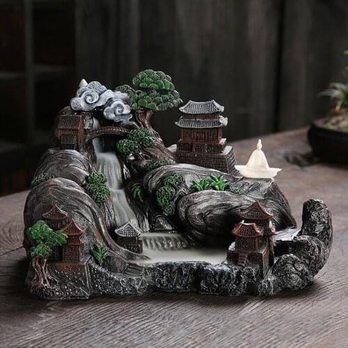 Smoke Waterfall Backflow Incense Burner Fountain Incense Burners Holder Resin Censer Mountain River With Trees Handicrafts Gif