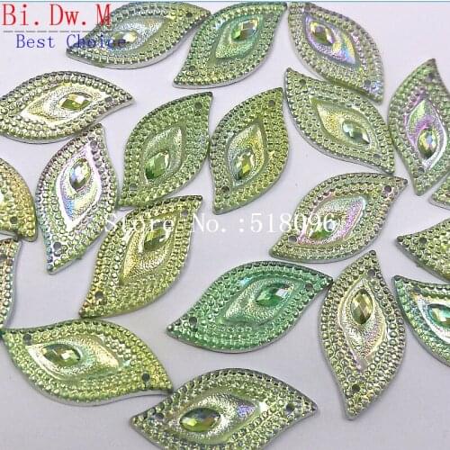 Best Choice Resin Rhinestones,Yellow Green Kelly AB Color,14x30mm Leaf Shape Stones and Crystals Strass Crystal For Sewing Diy