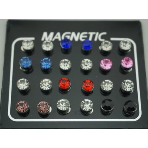 New 24pcs/lot 3/4/5/6/7mm Round Crystal Rhinestone Magnet Stud Earring Puck Womens Mens Magnetic Fake Ear Plug Jewelry