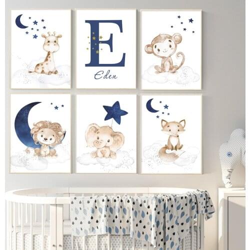 Cartoon Custom Babys Name Blue Moon Stars Animal Lion Nursery Poster Canvas Painting Wall Print Picture Kids Room Home Decor