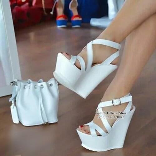 Sexy White High Platform Wedge Sandals Ankle Strap Cross Buckle Peep Toe Dress Shoes Peep Toe Cut-out Summer Wedge Shoes