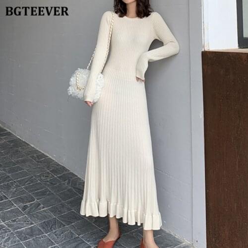 BGTEEVER Elegant O-neck Knitted Sweater Dress Women Ruffles Autumn Dresses Women Solid A-line Long Knitted Vestidos Female 2020