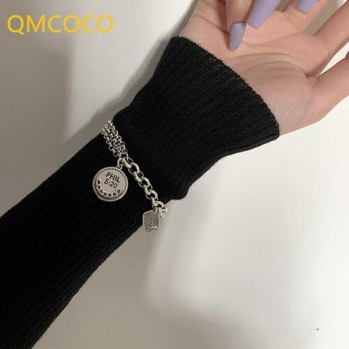 QMCOCO Korean Version 925 Silver Circular Letter Pendant Bracelet Women Retro Fashion Personality Multi-Layer Hand Accessories