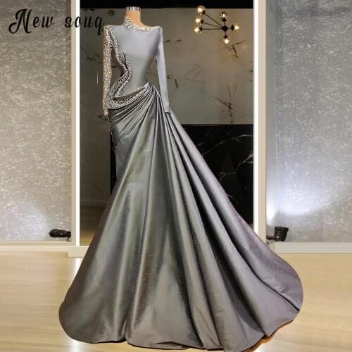Silver Grey Long Sleeve Muslim Evening Dresses 2021 Elegant High Neck Arabic Women Wedding Party Formal Dress Gown Dubai Islamic