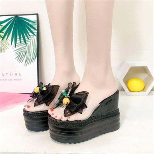 Woman Summer Thick Sole Comfortable Slippers Platform Ladies PVC Transparent 12CM High Heel Bow Knot Peep Toe Wedges Shoes 34-39