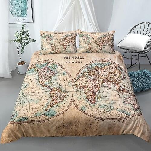 Vintage World Map Printed 2/3Pcs Duvet Cover and Pillow Case Bedding Sets Comforter Cover Duvet Cover Set Home Textile