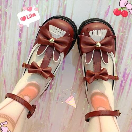 Japanese Gothic Anime Cosplay Lolita Shoe Vintage Round Head Platform Womens Shoes Cute Bowknot Rabbit Ears Student Gothic Loli