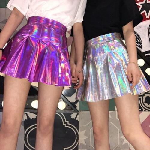 Japanese Women Rainbow Korea Holographic Pleated Skirts Women PU Solid Harajuku Casual Laser Hight Waist Mini Short Skirt