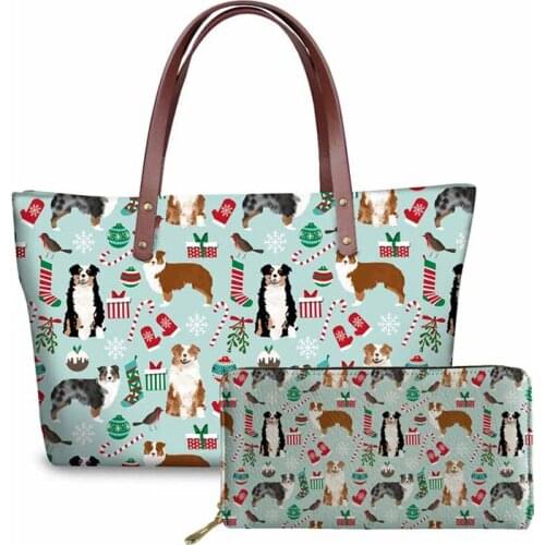 NOISYDESIGNS Women Bag Australian Shepherd Printing Shoulder Bag Female Large Casual Tote Top-handle Bags Purse 2pcs/set Handbag