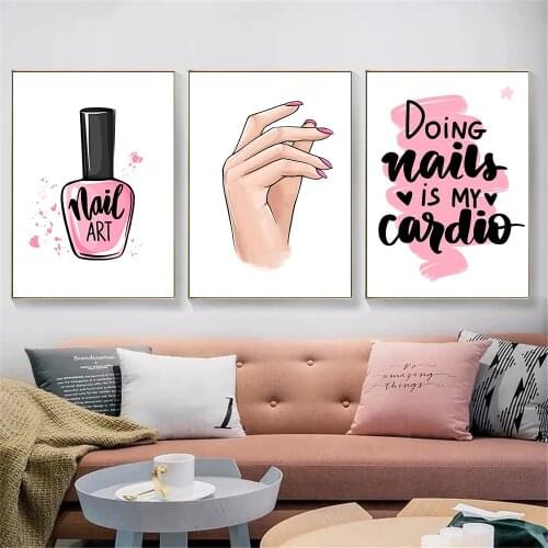 Woman Hand Nail Poster Fashion Canvas Painting Pink Nail Polish Wall Art Print Quotes Posters Wall Pictures Beauty Salon Decor