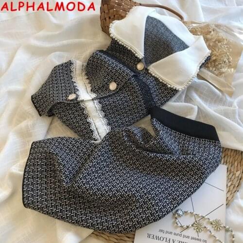 ALPHALMODA 2021 Autumn New Pearl Collar Lace Trim Women Elegant Knited Cardigans + Skirt 2pcs Suits Female Trendy Winter Set