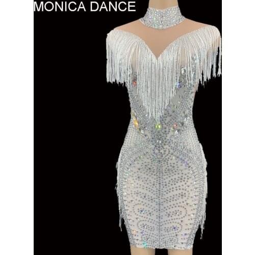 Women Stage Silver Rhinestone White Fringe Short Dress Birthday Celebrate Transparent Mesh Outfit Dancer Bar Prom Dress